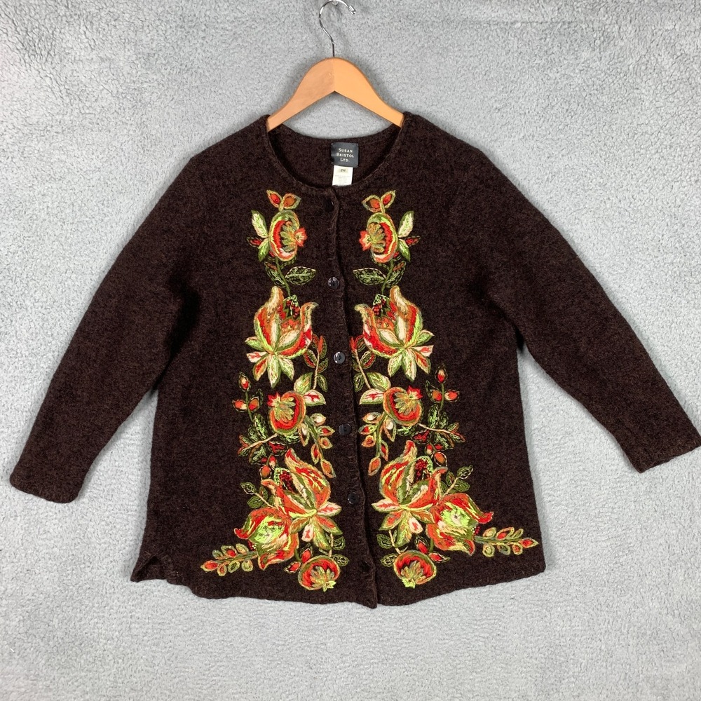 VTG Susan Bristol Cardigan Sweater Plus 2W Brown Hand Embroidered Floral Rare
